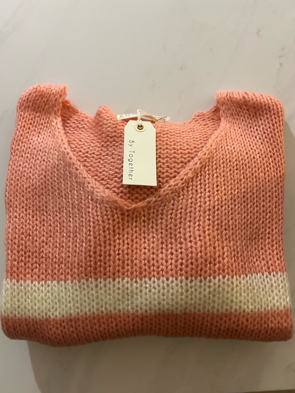 By Together Coral and Cream V-Neck Stripe Sweater